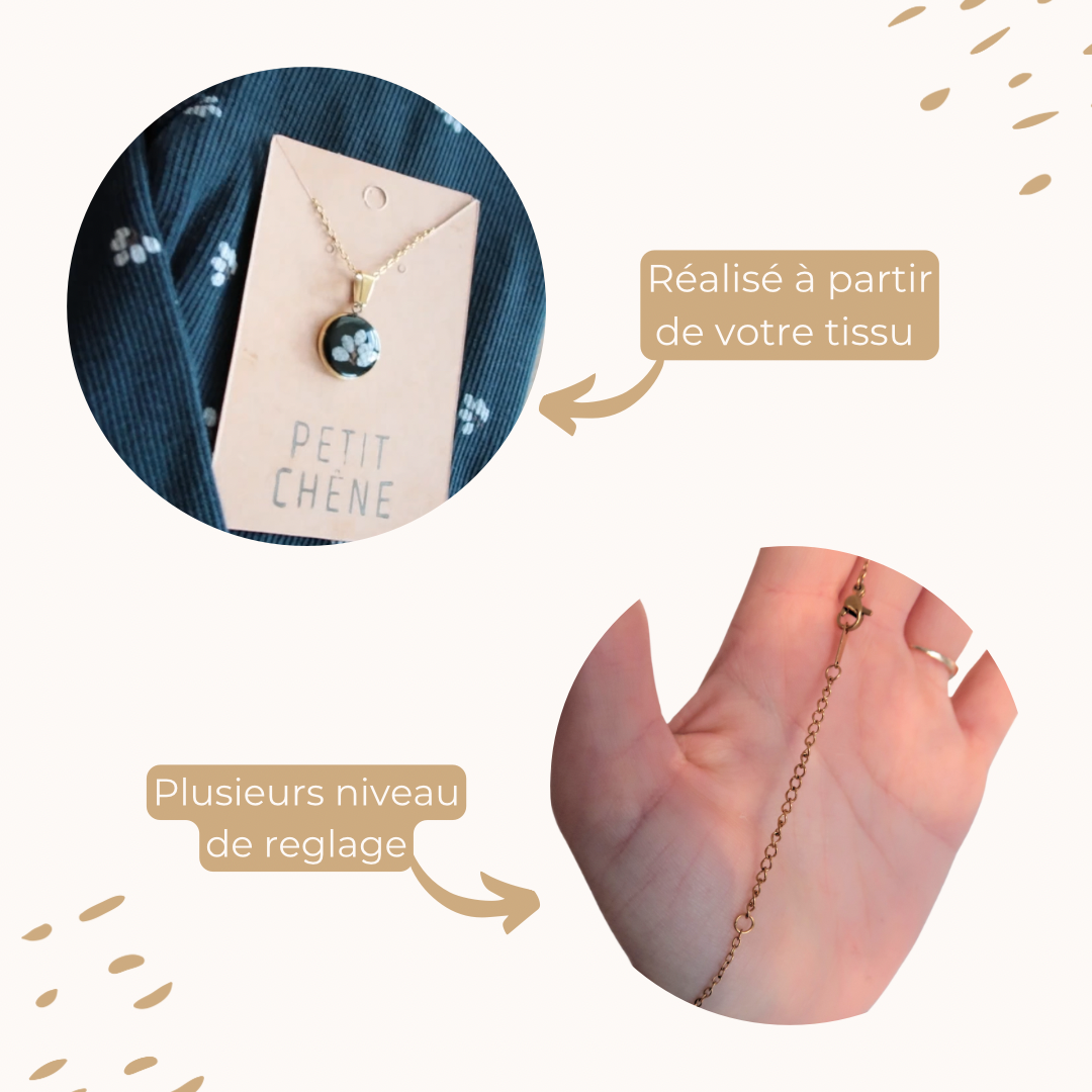 Montage présentant le collier souvenir Petit Chêne : pendentif en résine et tissu sur chaîne argentée ou dorée, avec système d’attache réglable à plusieurs niveaux.