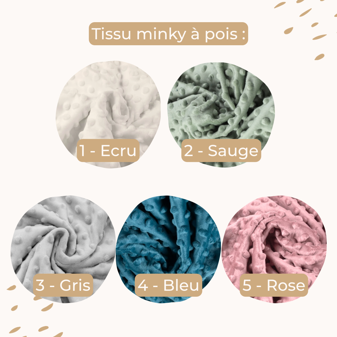 Nuancier des coloris disponibles pour le tissu Minky à pois : blanc cassé, vert sauge, gris clair, bleu pétrole et rose. Ces coloris sont proposés pour le dos des couvertures souvenirs Petit Chêne.