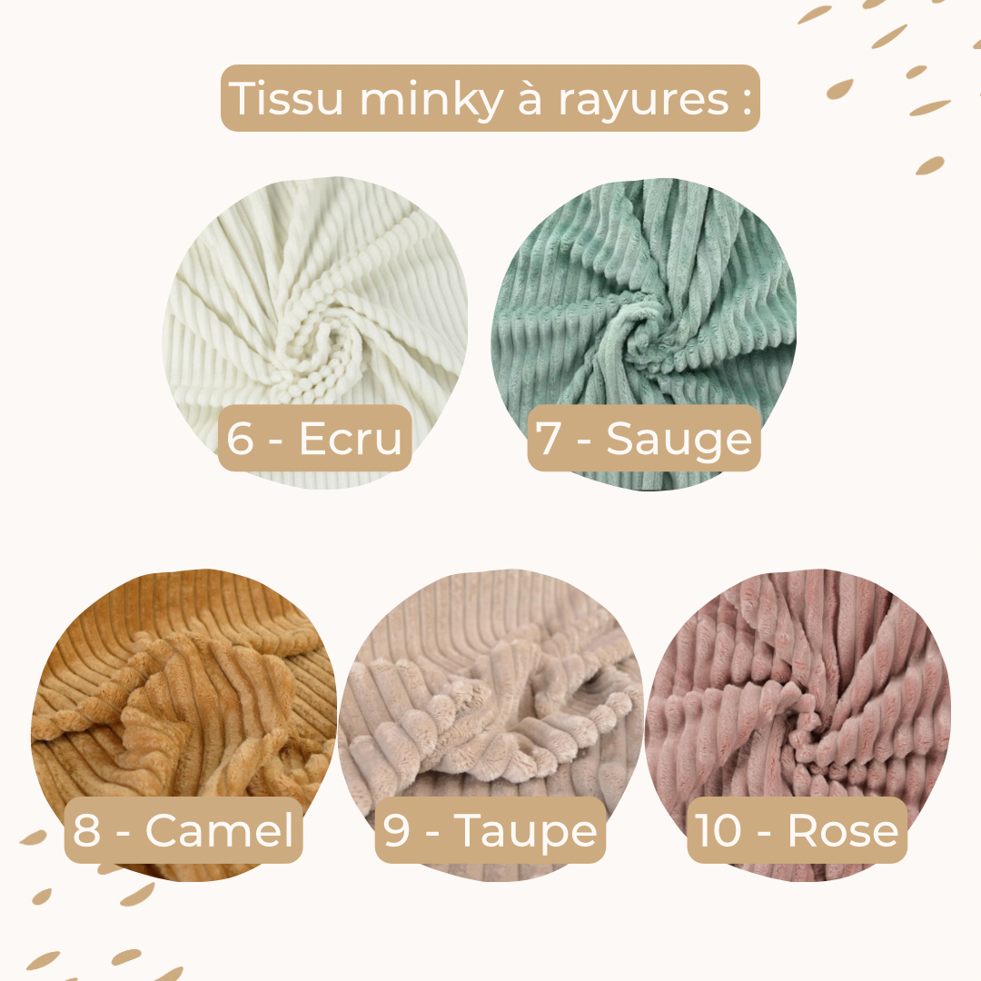Nuancier des coloris du tissu Minky à rayures : blanc cassé, vert sauge, camel, taupe et vieux rose. Chaque couverture souvenir Petit Chêne peut être personnalisée selon le tissu choisi.