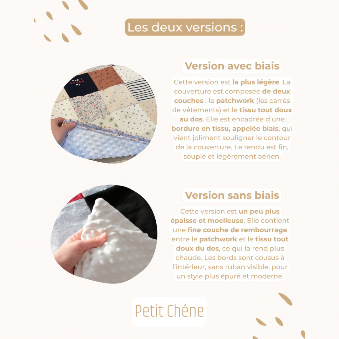 Comparatif des finitions de couverture souvenir Petit Chêne : version légère avec biais en tissu écru et version rembourrée sans biais, pour un rendu moelleux et moderne. Texte présent sur l’image : « Deux finitions au choix – avec biais ou sans biais rembourrée »