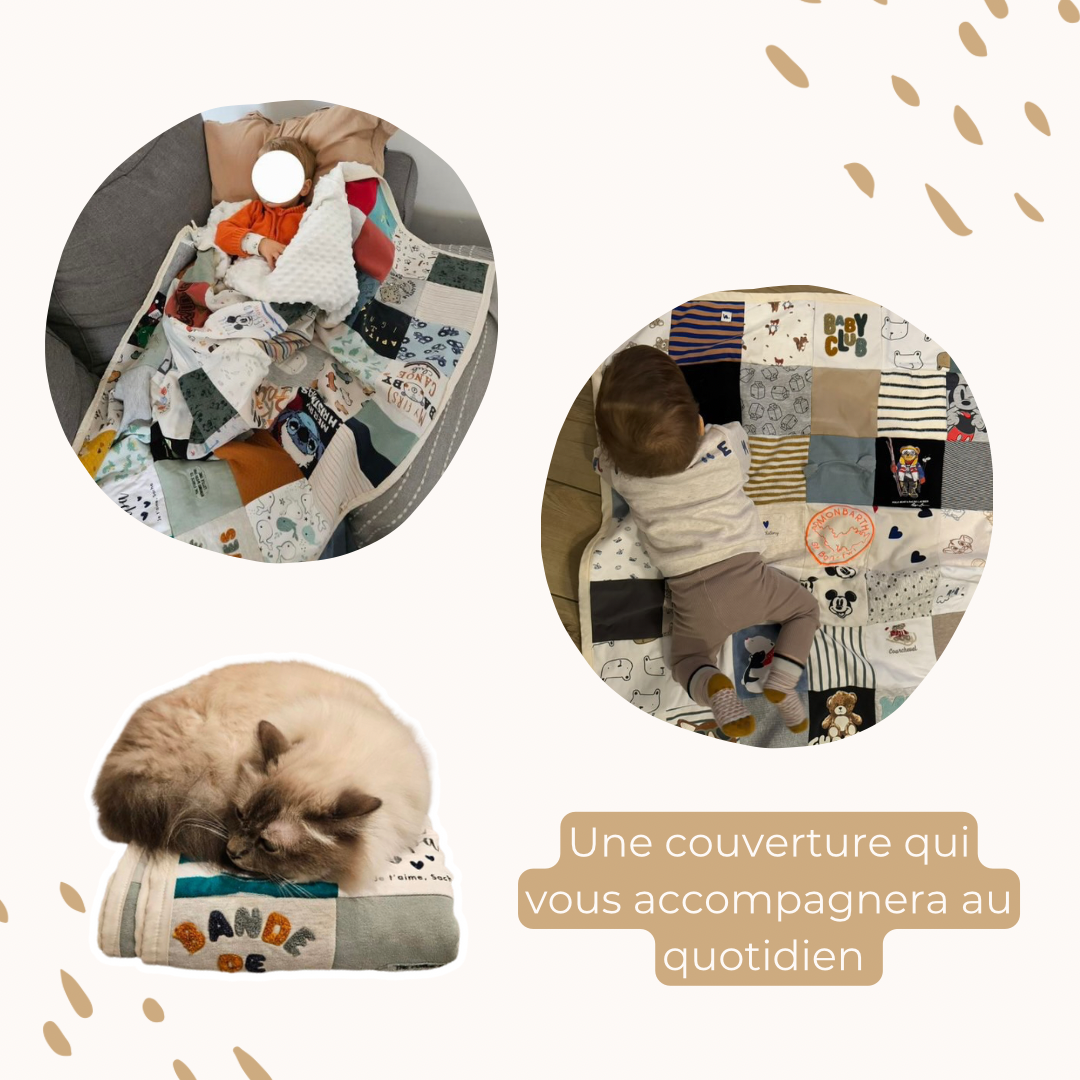 Photos clients Petit Chêne montrant différentes utilisations des couvertures souvenirs : un enfant blotti dans son canapé, un bébé allongé sur sa couverture et un chat endormi sur une couverture pliée.
