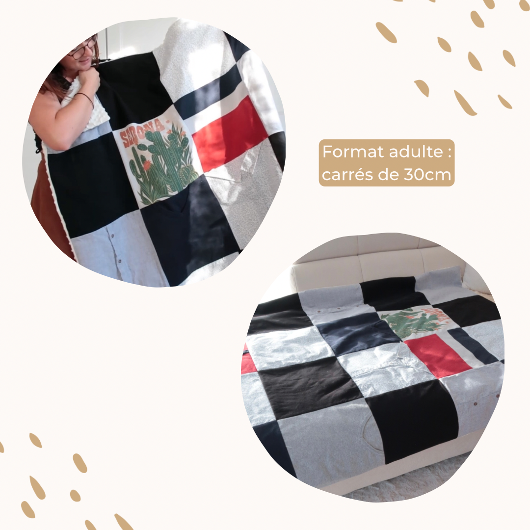 Couverture souvenir format adulte Petit Chêne, confectionnée à la main à partir de vêtements confiés par les clients, présentée à plat avec de grands carrés de 30 cm.