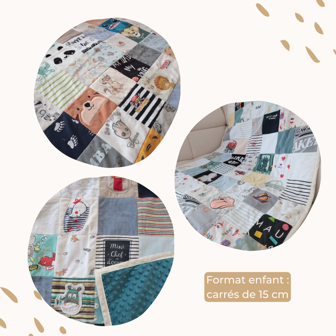 Montage présentant plusieurs couvertures souvenirs Petit Chêne au format enfant, réalisées à partir de vêtements de bébé, avec des carrés de 15 cm cousus à la main.