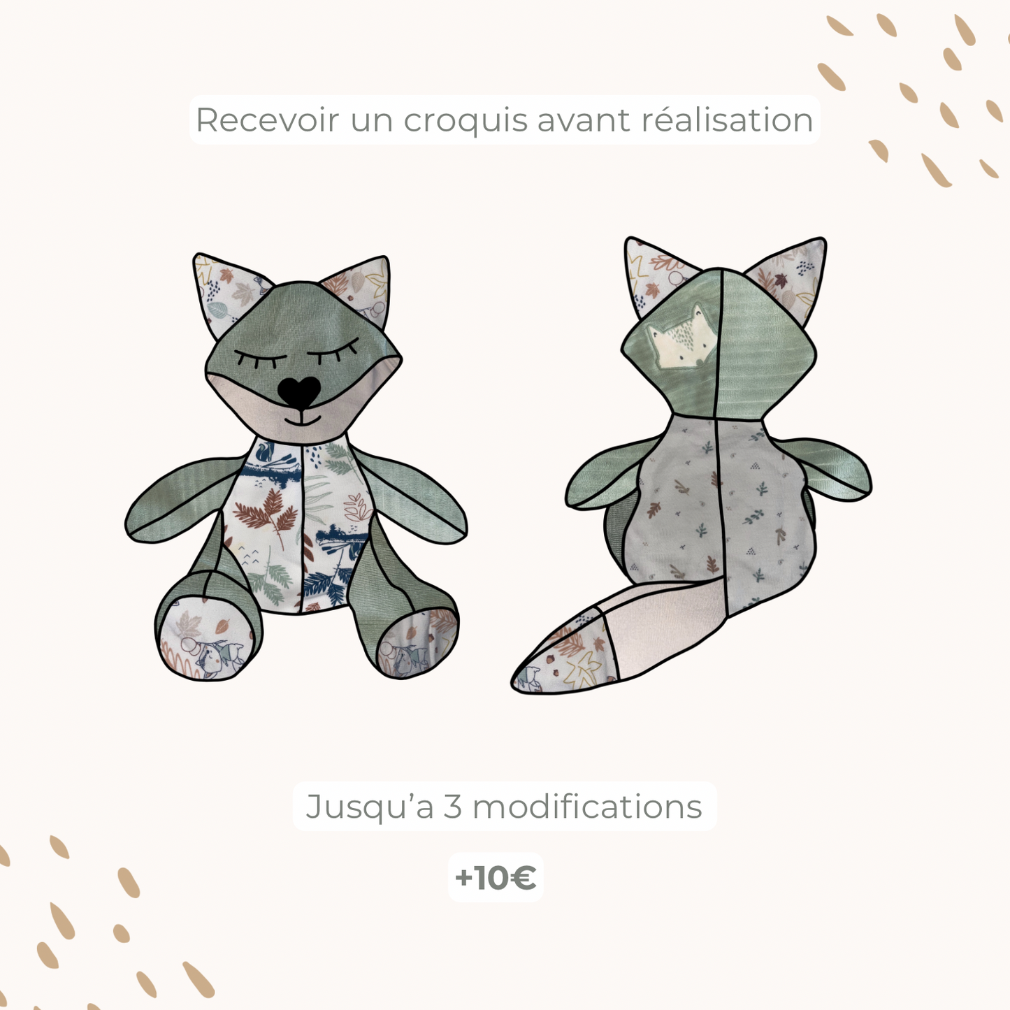 Exemple de croquis de prévisualisation réalisé par Petit Chêne pour visualiser la future disposition des tissus du Doudou Souvenir.
