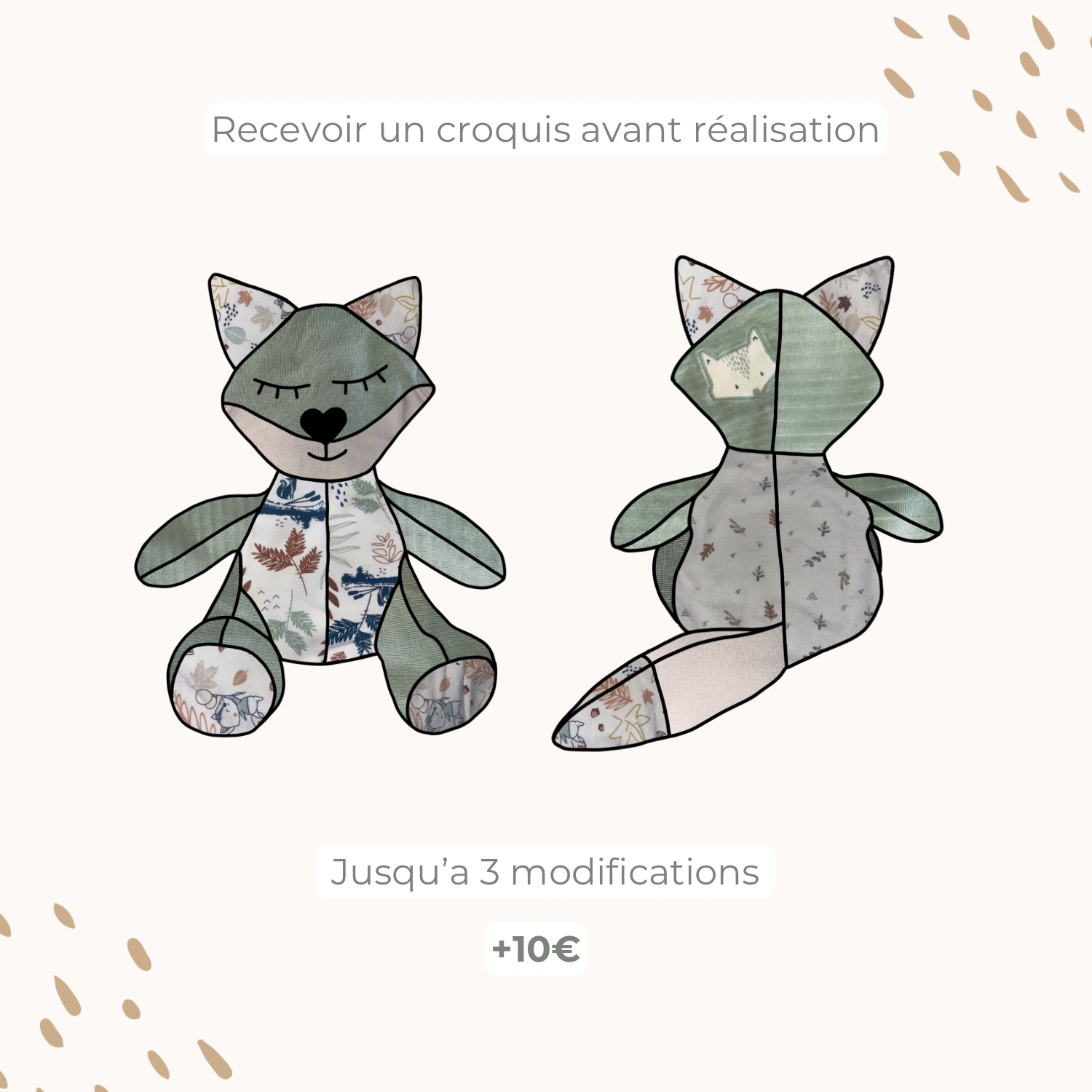 Exemple de croquis de prévisualisation réalisé par Petit Chêne pour visualiser la future disposition des tissus du Doudou Souvenir.