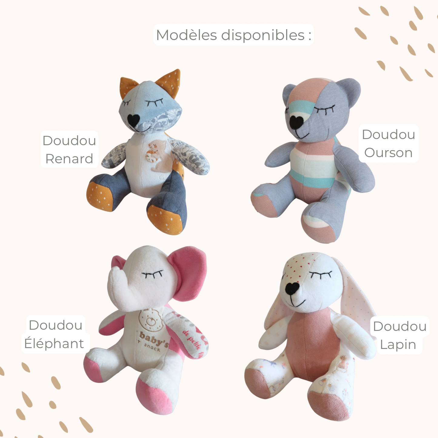 Les quatre formes disponibles pour les Doudous Souvenirs Petit Chêne : renard, ourson, éléphant et lapin.