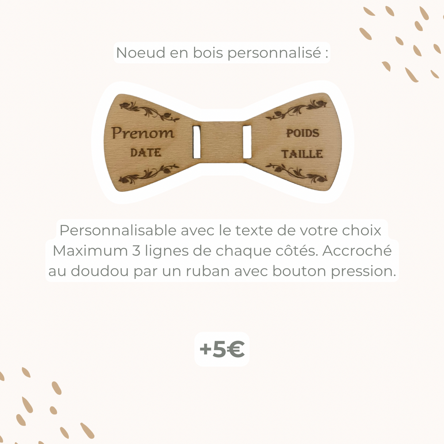 Détail d’un nœud en bois personnalisé gravé au laser avec le prénom de l’enfant, création Petit Chêne.