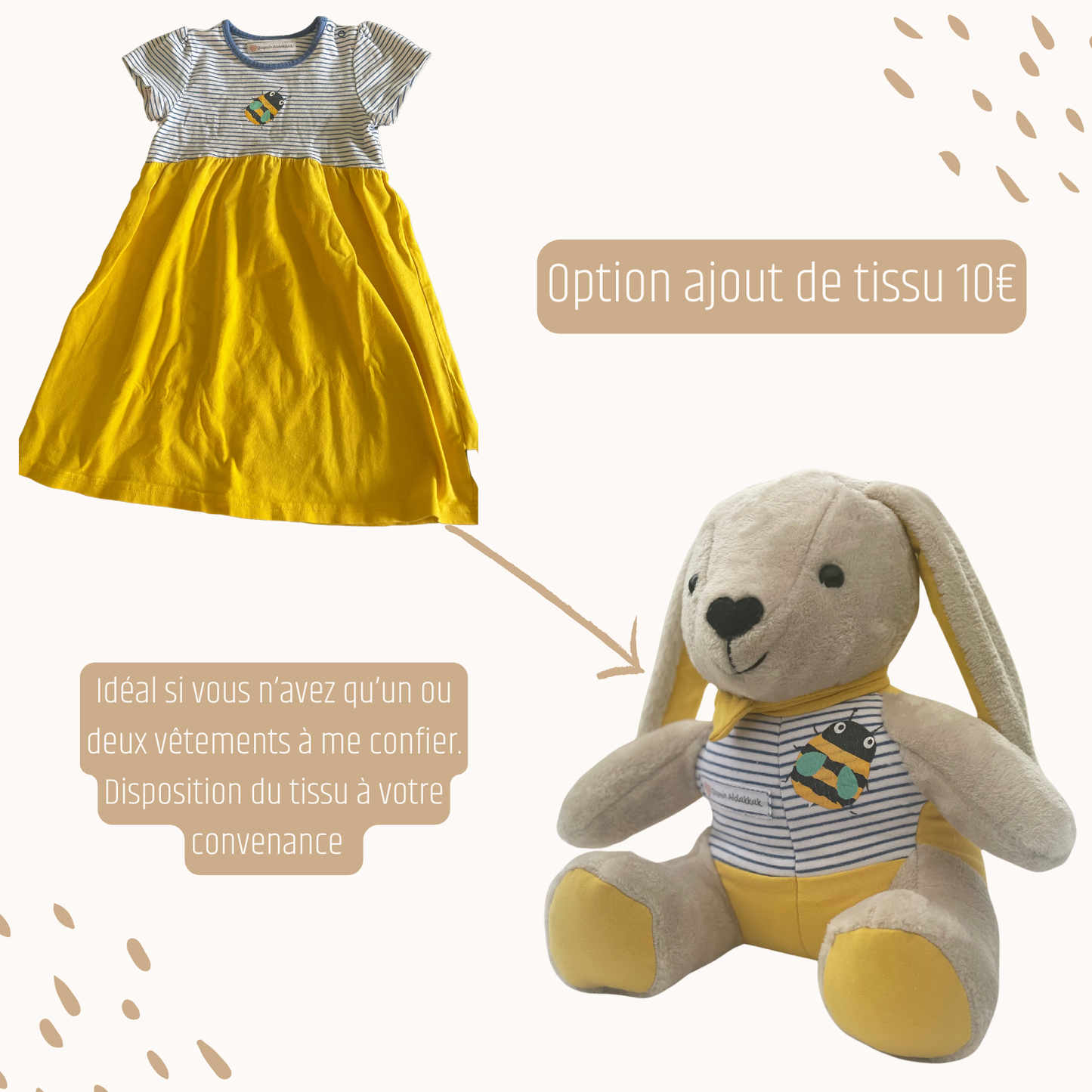 Exemple d’un Doudou Souvenir Petit Chêne complété avec un tissu de l’atelier lorsque les vêtements confiés ne suffisent pas.